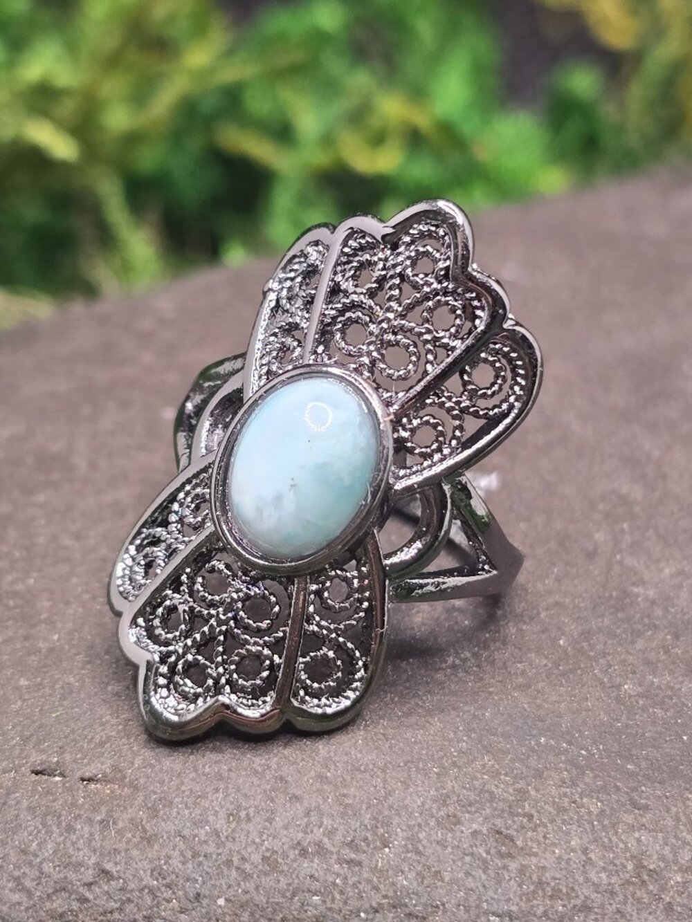 Larimar Ornate Adjustable Ring Size 6-10 Gunmetal Statement Jewelry